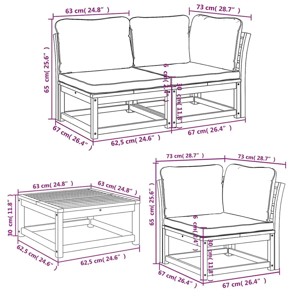 6 Piece Modular Garden Lounge Set Solid Acacia Wood Brown with Cushions