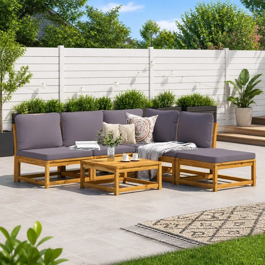 Outdoor Sectional Sofa Set Solid Acacia Wood Modular 6 Piece Brown