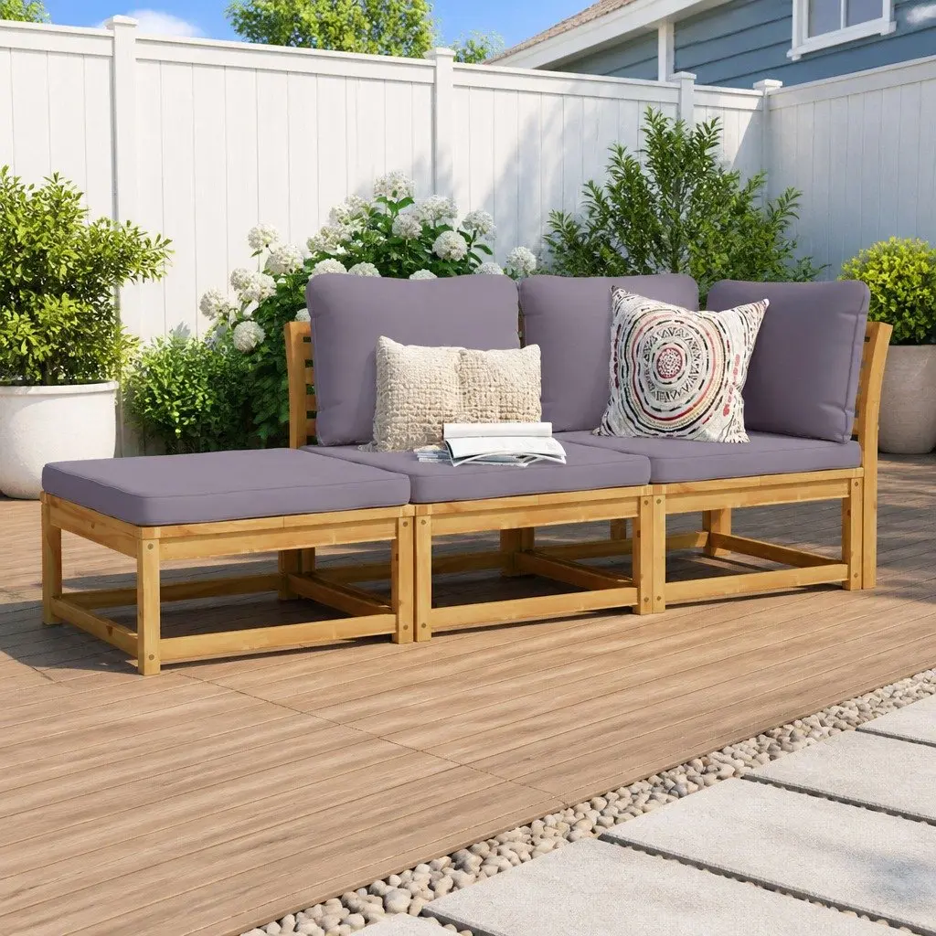 Outdoor Sectional Sofa Lounge Set Solid Acacia Wood 3 Piece Brown with Cushions