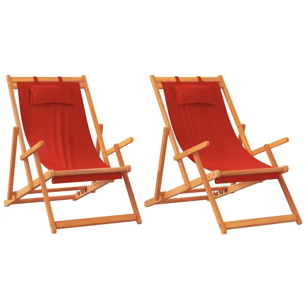 Folding Beach Chair Solid Eucalyptus Wood Frame Polyester Fabric 2 Piece Red