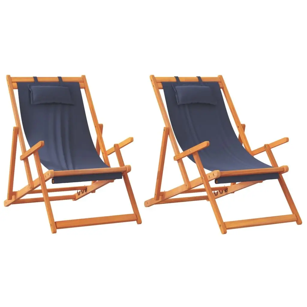 Folding Beach Chairs Wooden Frame Polyester Fabric 2 Piece Blue Outdoor Camping Lounge Reclining Garden Seating