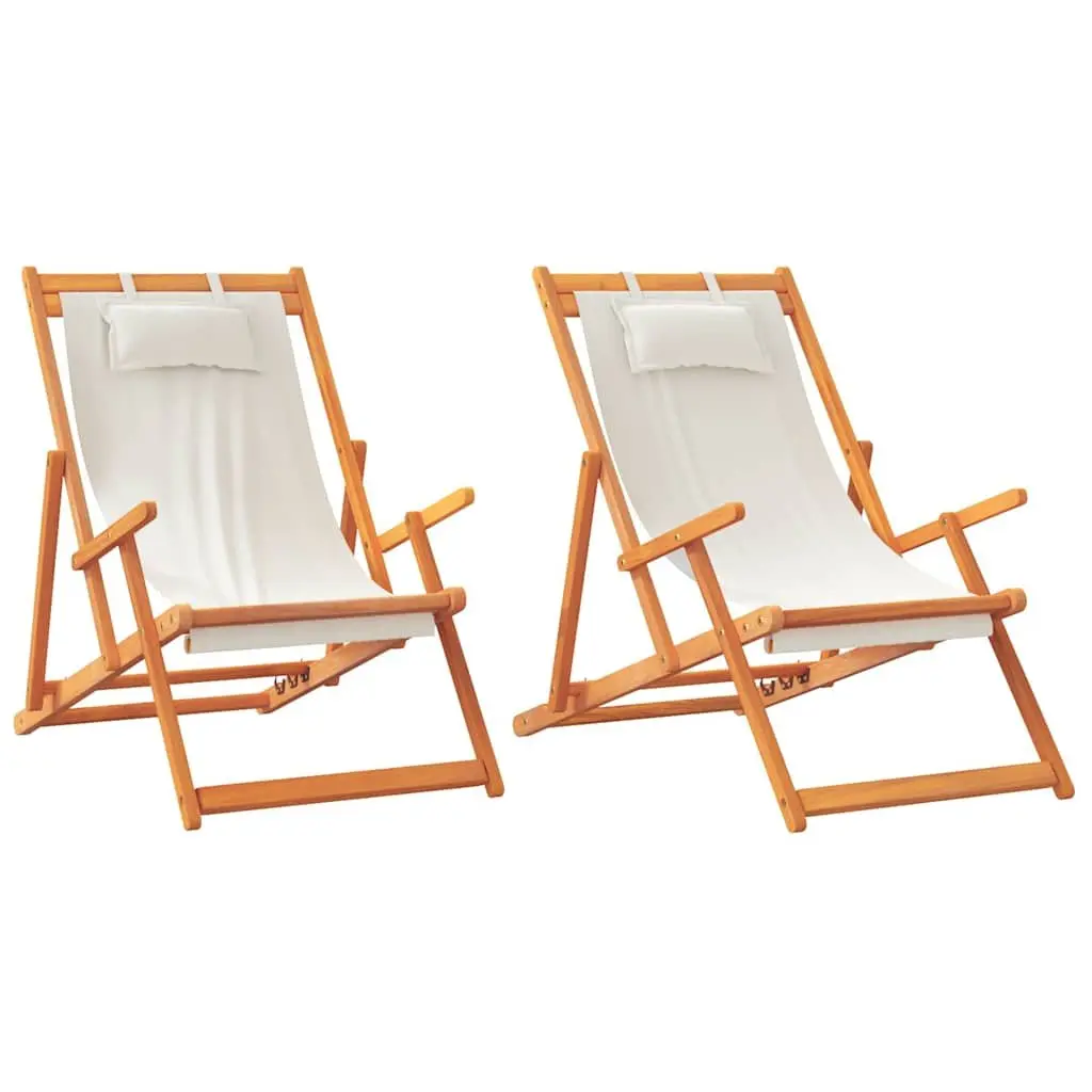 Folding Beach Chairs Wooden Frame Polyester Fabric 2 pcs Cream Outdoor Lounge Reclining