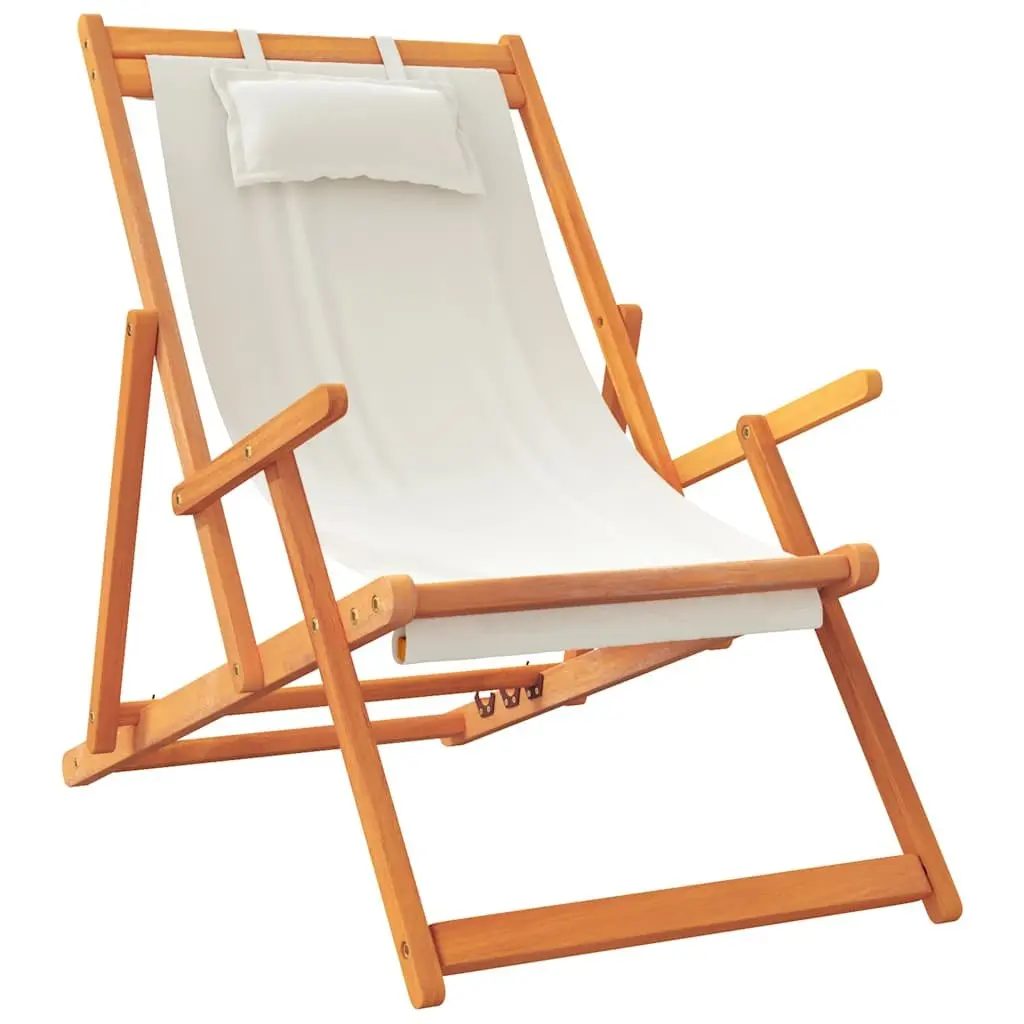 Folding Beach Chairs Wooden Frame Polyester Fabric 2 pcs Cream Outdoor Lounge Reclining