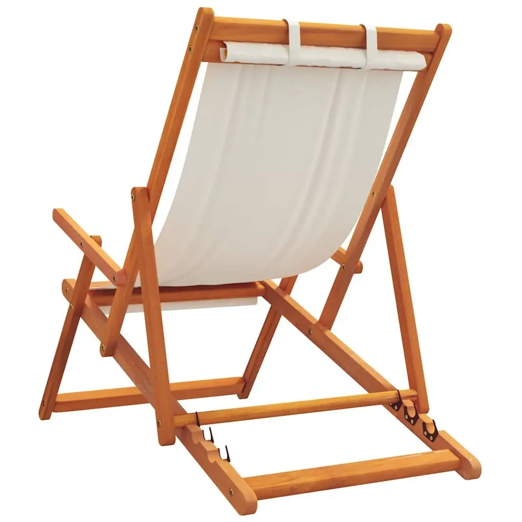 Folding Beach Chairs Wooden Frame Polyester Fabric 2 pcs Cream Outdoor Lounge Reclining