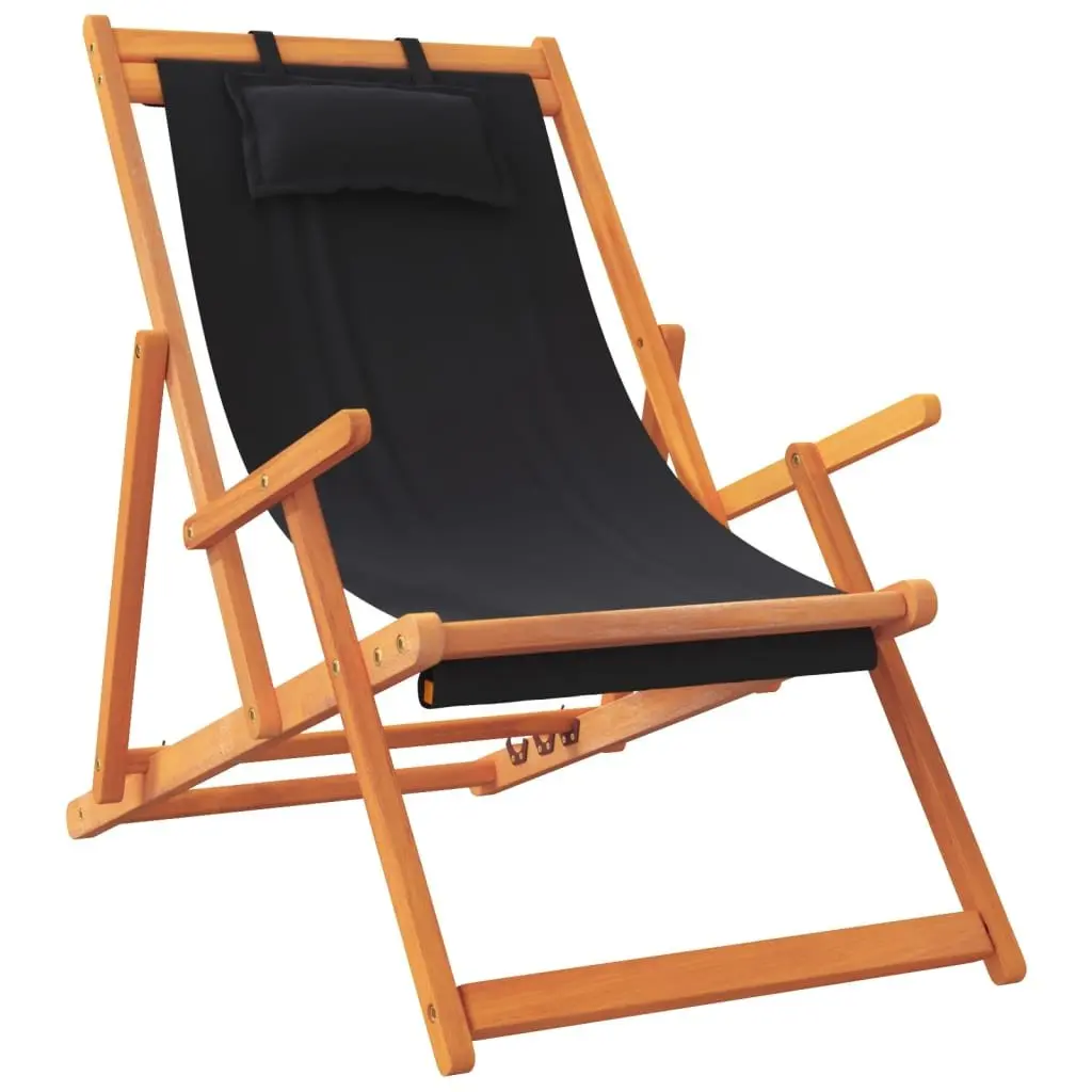 Folding Reclining Beach Chairs Black Eucalyptus Wood 2 Pieces Portable Outdoor Seating
