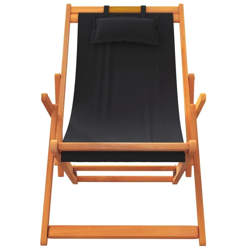 Folding Reclining Beach Chairs Black Eucalyptus Wood 2 Pieces Portable Outdoor Seating