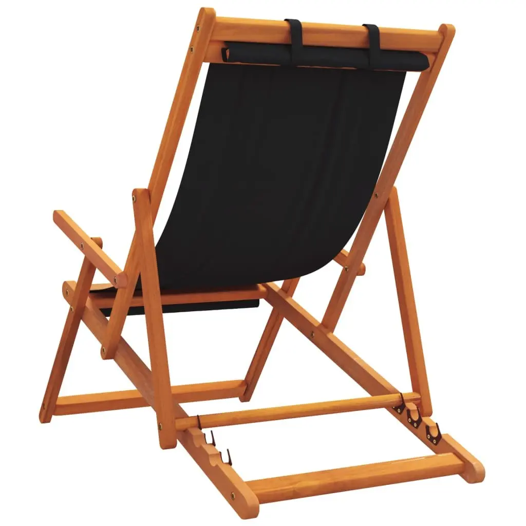Folding Reclining Beach Chairs Black Eucalyptus Wood 2 Pieces Portable Outdoor Seating