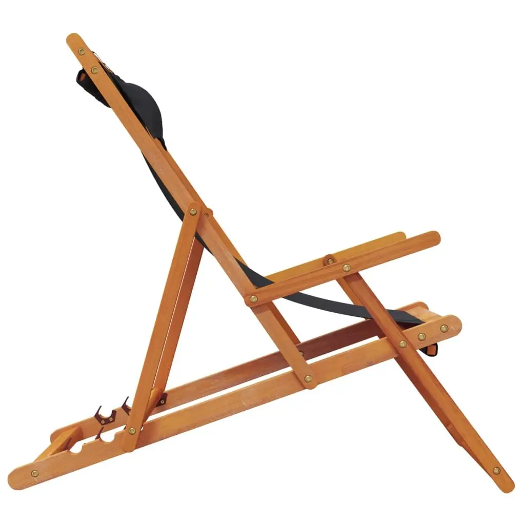 Folding Reclining Beach Chairs Black Eucalyptus Wood 2 Pieces Portable Outdoor Seating