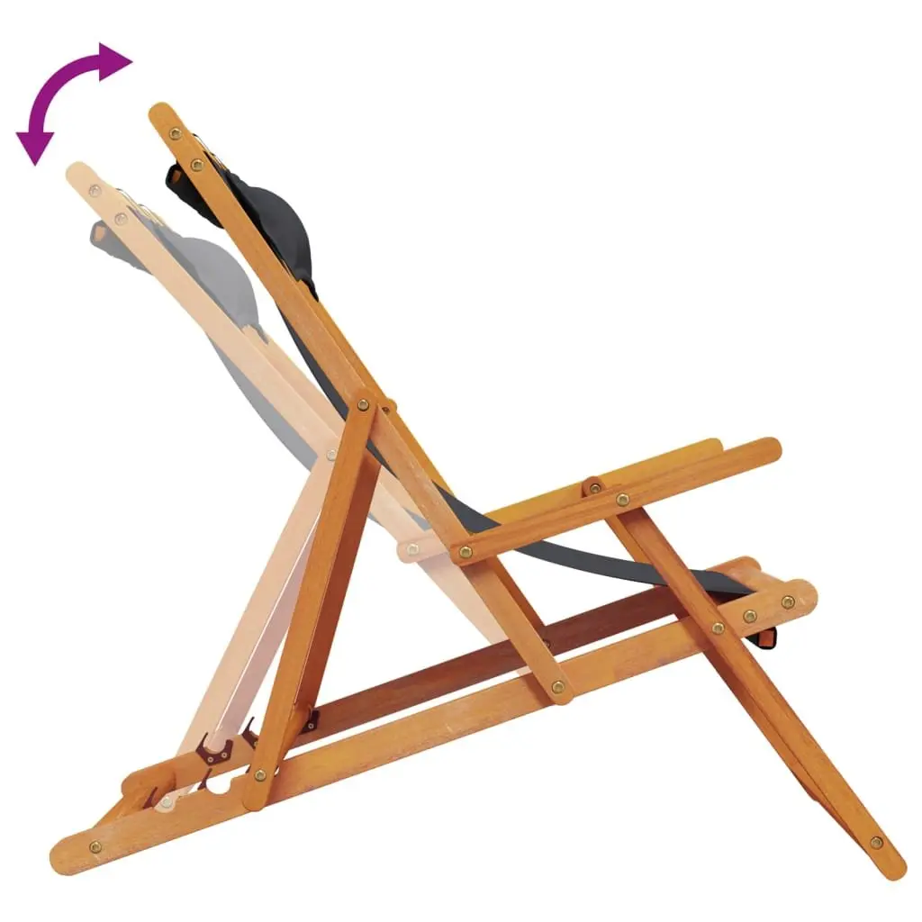 Folding Reclining Beach Chairs Black Eucalyptus Wood 2 Pieces Portable Outdoor Seating