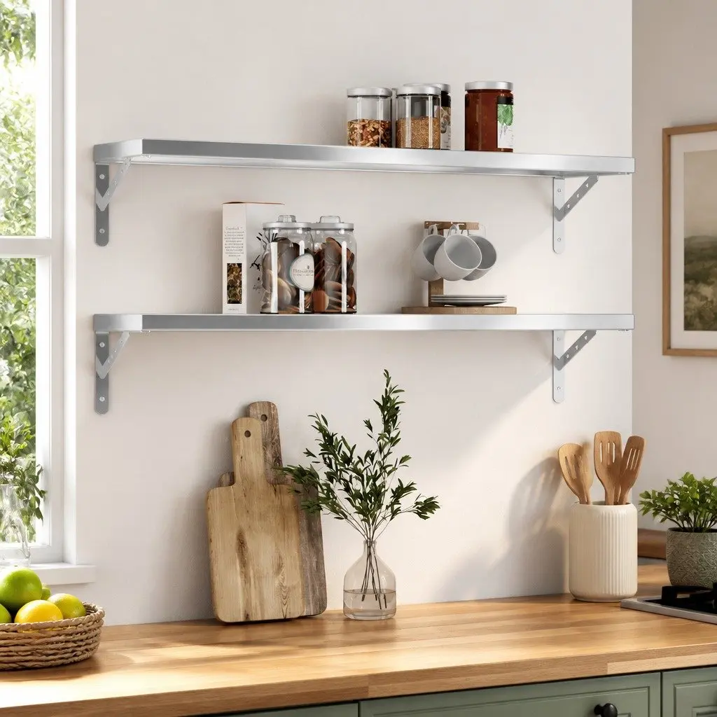 Wall Mounted Shelves Floating Storage Rack Silver Stainless Steel 100cm x 23.5cm Set of 2