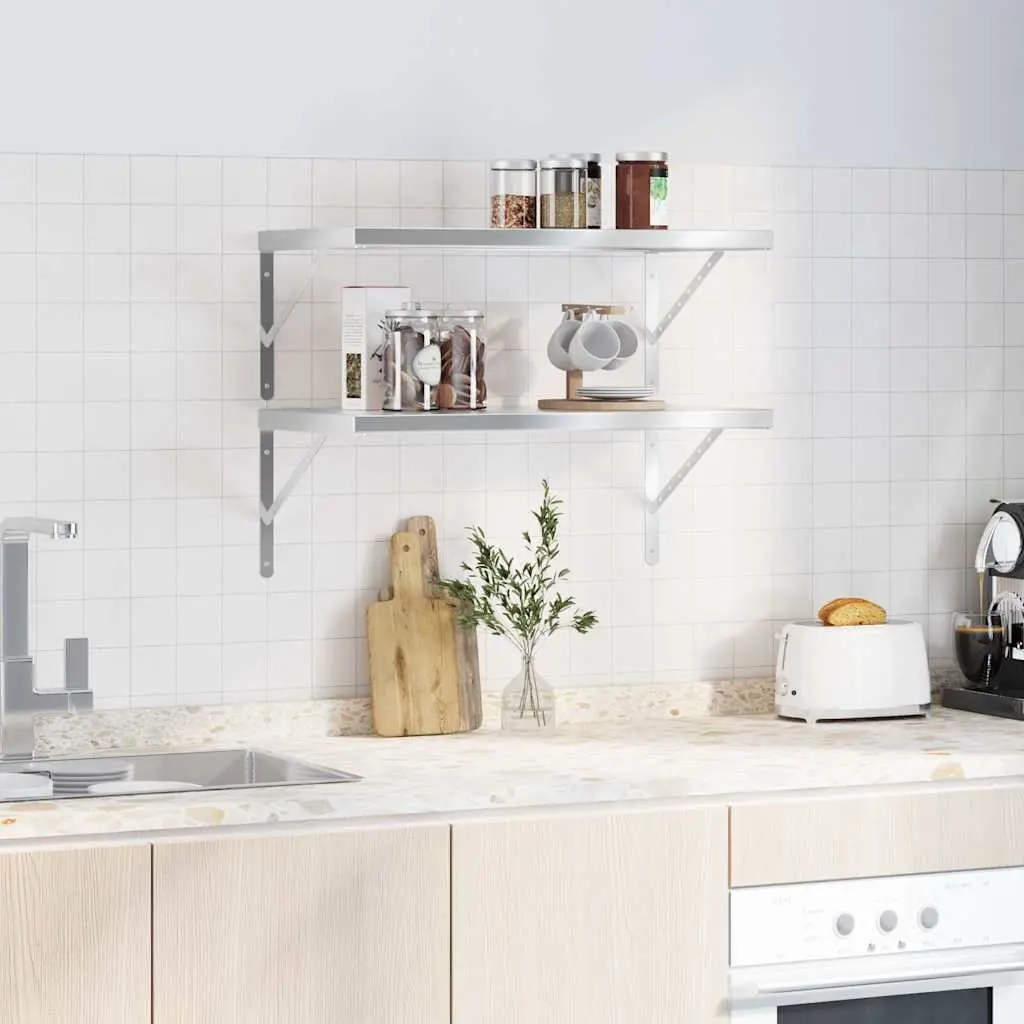 Floating Wall Shelves Stainless Steel Silver 75x40cm 2 Piece Display Rack for Living Room Bedroom Office Storage
