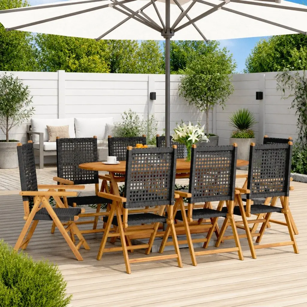 Reclining Garden Chairs Set 8 Piece PE Rattan Solid Wood Black