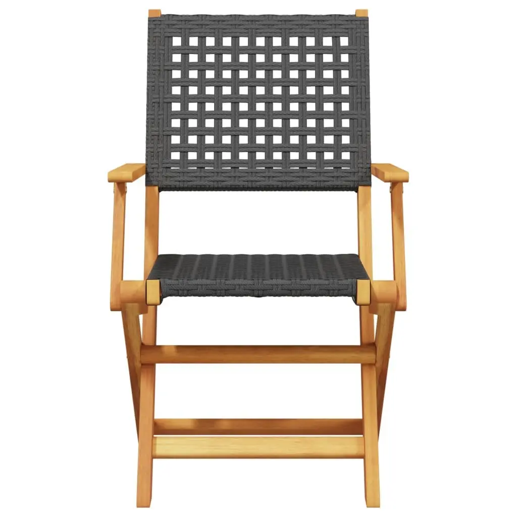 Folding Chairs Outdoor Set 4 Black Poly Rattan Solid Acacia Wood Garden Patio Seating