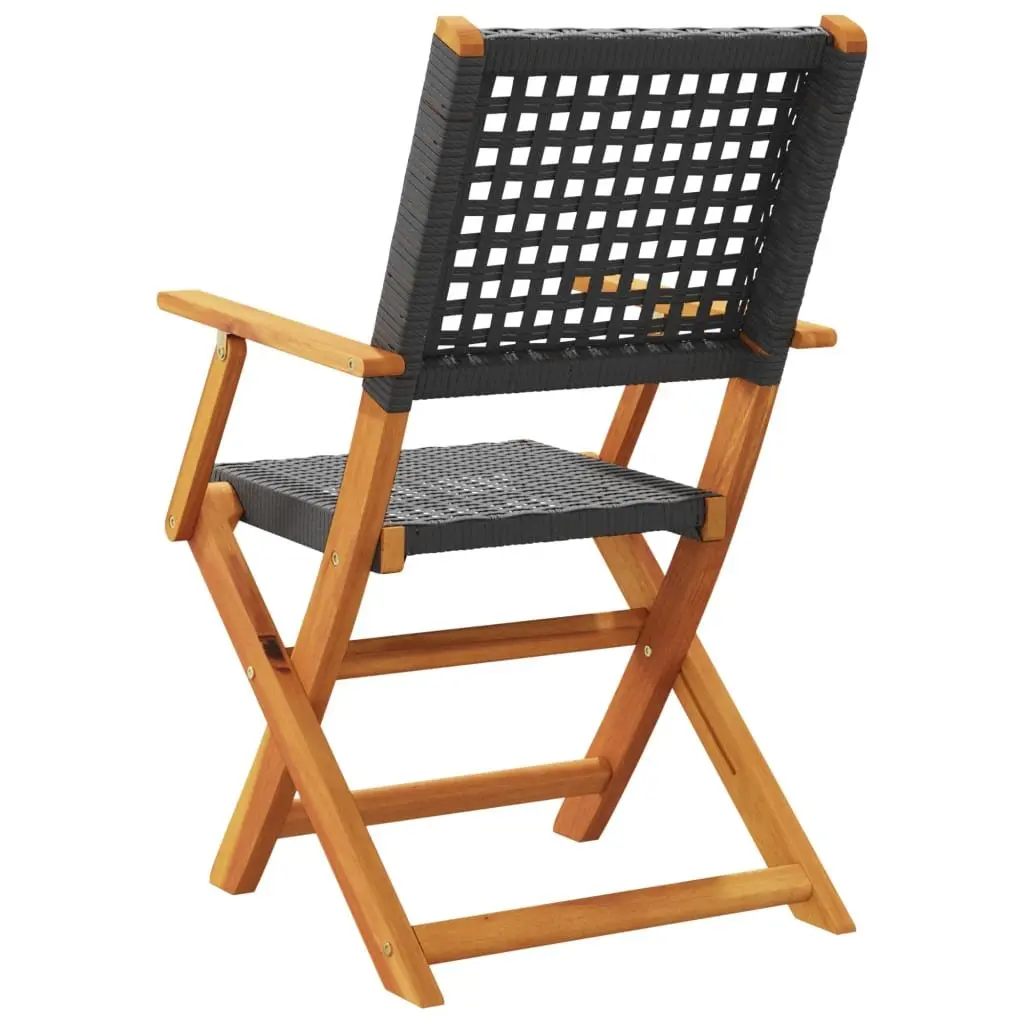 Folding Chairs Outdoor Set 4 Black Poly Rattan Solid Acacia Wood Garden Patio Seating