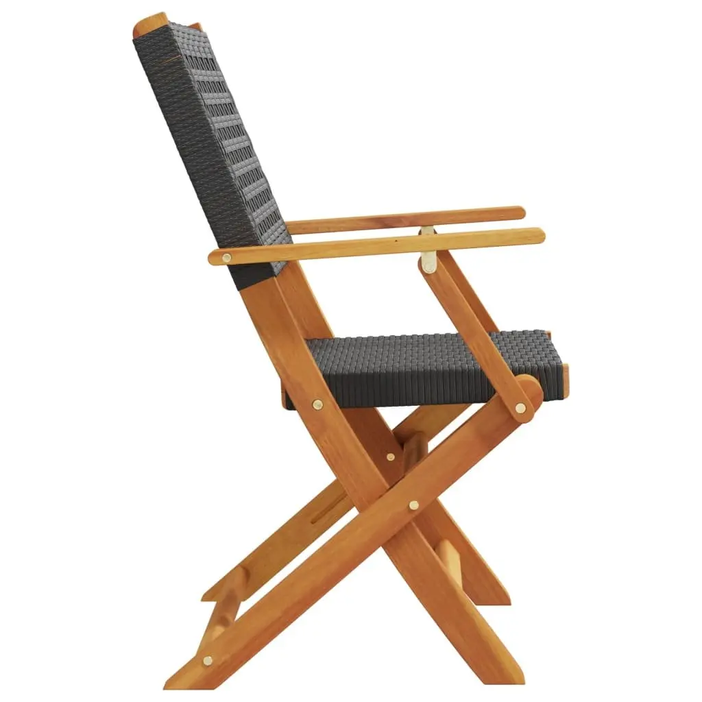 Folding Chairs Outdoor Set 4 Black Poly Rattan Solid Acacia Wood Garden Patio Seating