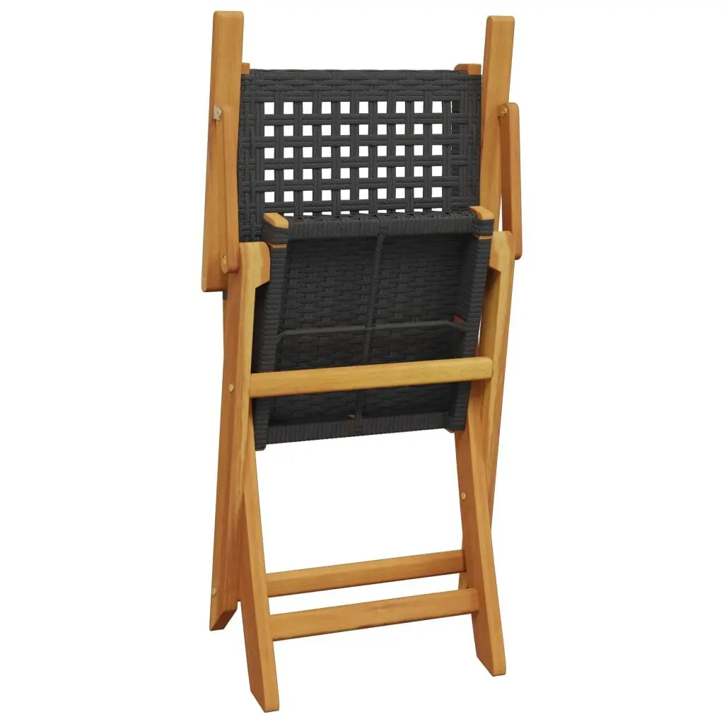 Folding Chairs Outdoor Set 4 Black Poly Rattan Solid Acacia Wood Garden Patio Seating