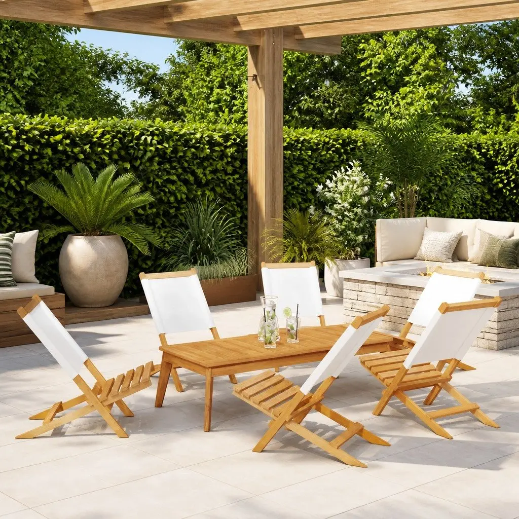 Folding Garden Chairs Solid Wood 6 Piece Set Outdoor Seating White Fabric Patio
