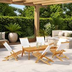 Folding Garden Chairs 6 Piece Set Outdoor Seating Wood White Fabric Patio