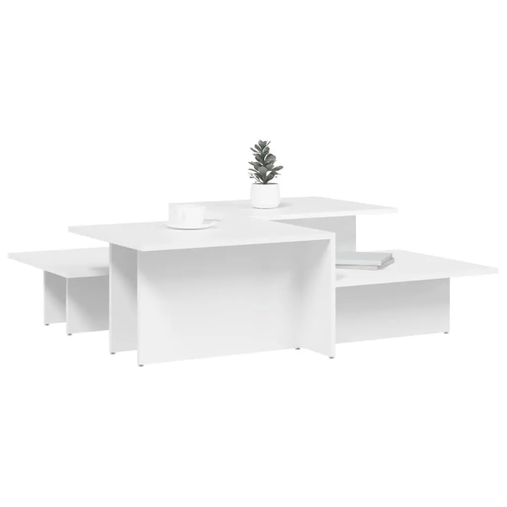 2 Piece Coffee Table Set White Engineered Wood Accent Tables for Living Room with Varying Heights