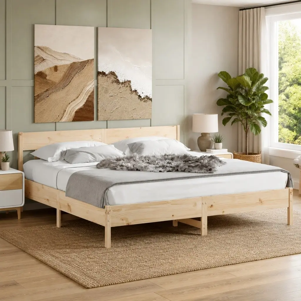 King Bed Frame Brown 183x203 cm Solid Pine Wood Slatted Base Bedroom Furniture