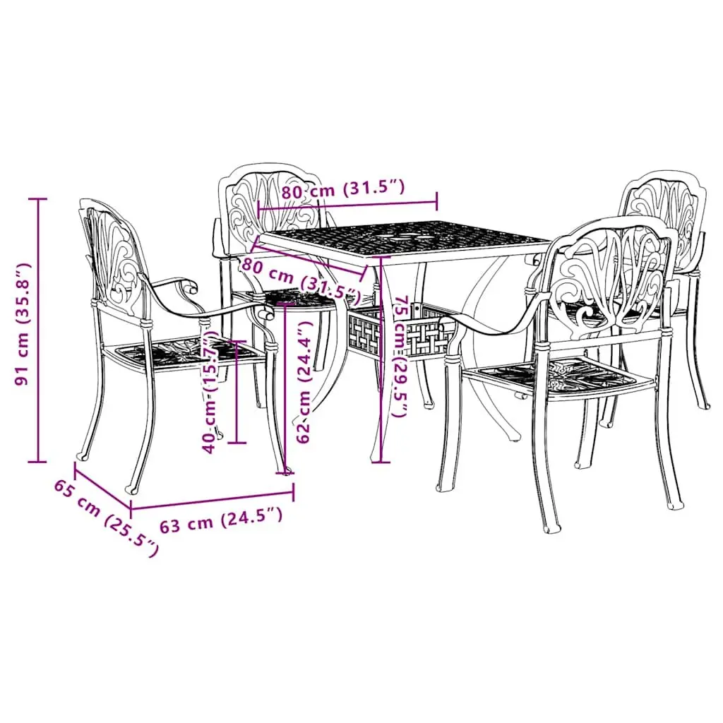 Outdoor Dining Set 5 Piece Black Aluminium Furniture Table with Umbrella Hole High Backrest and Armrests for Patio and Garden