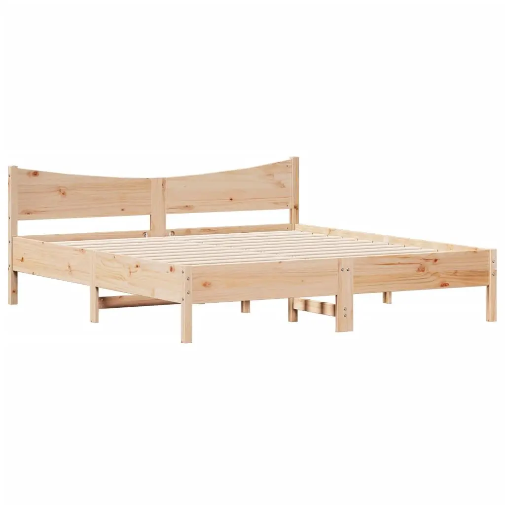 King Bed Frame Solid Wood Pine Brown Wooden Headboard Slatted Base 183x203cm