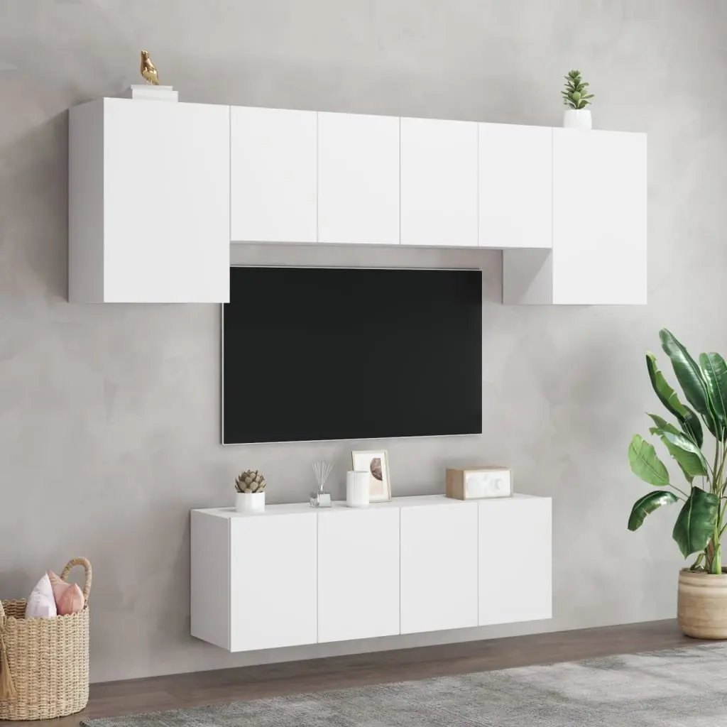 6 Piece Floating Storage Shelves White Engineered Wood TV Unit for Bedroom or Living Room