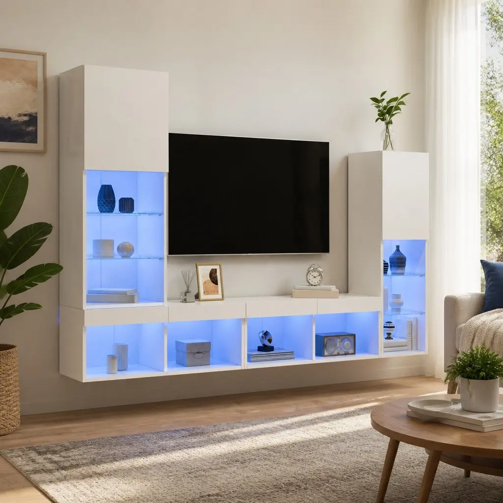 TV Wall Units Engineered Wood 4 Piece Wall Mounted Cabinet White with RGB LED Lights