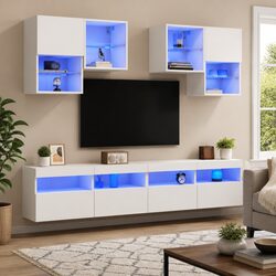 TV Wall Cabinet Set 6 Piece with RGB LED Lights Storage Floating White