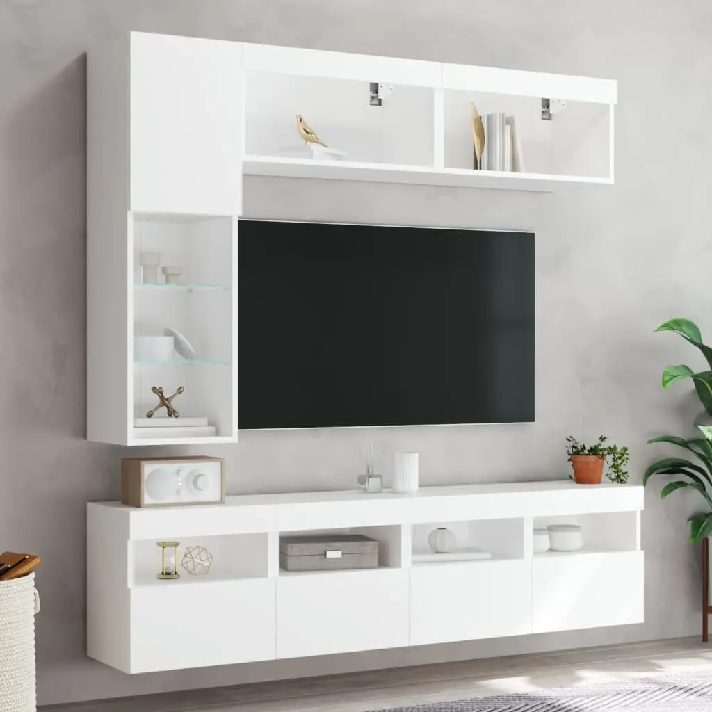 TV Wall Cabinet Set Engineered Wood 7 Piece White Floating Storage Unit with RGB LED Lights