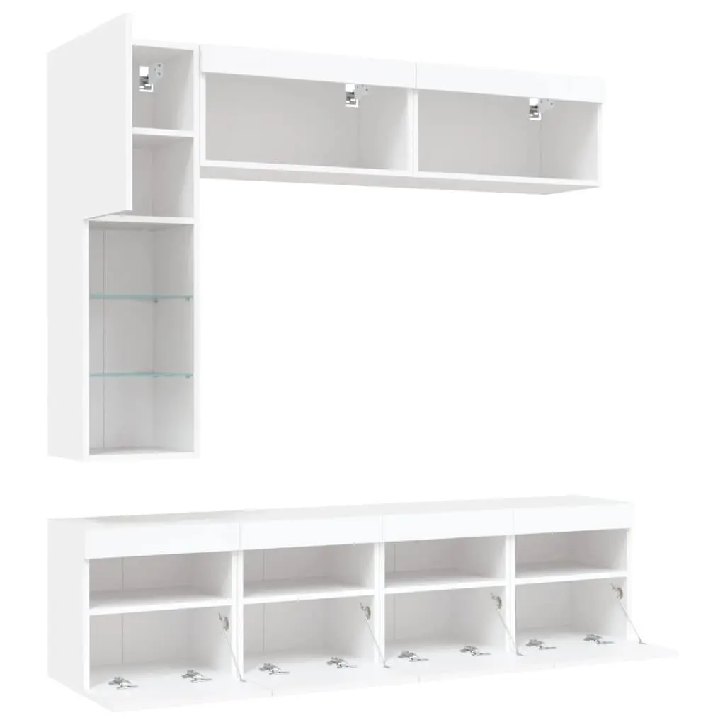 TV Wall Cabinet Set Engineered Wood 7 Piece White Floating Storage Unit with RGB LED Lights