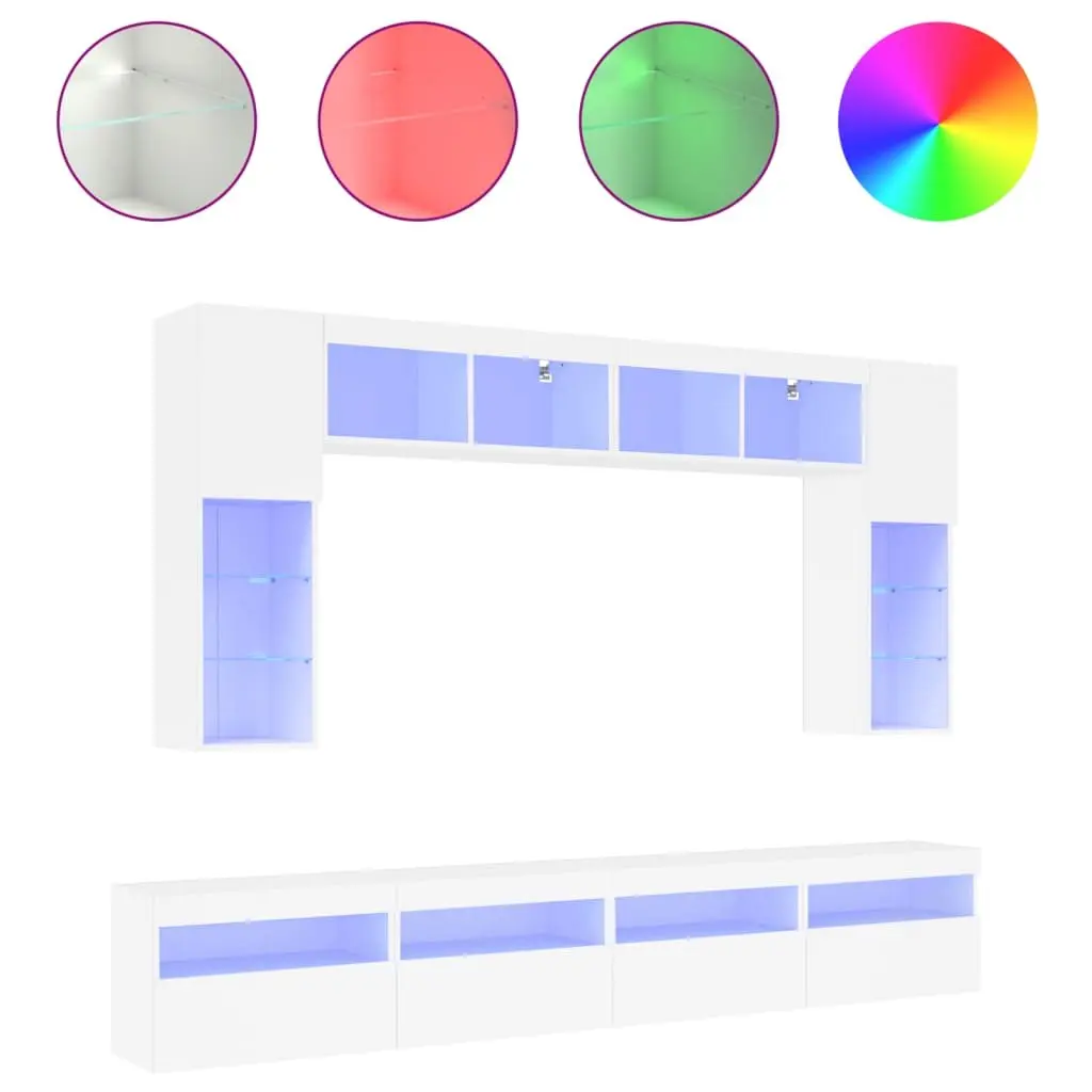 8 Piece White Floating Storage Unit Wall Mounted Cabinet Set Engineered Wood with RGB LED Lights for TV and Living Room Use