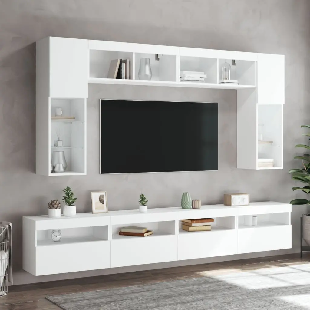 8 Piece White Floating Storage Unit Wall Mounted Cabinet Set Engineered Wood with RGB LED Lights for TV and Living Room Use