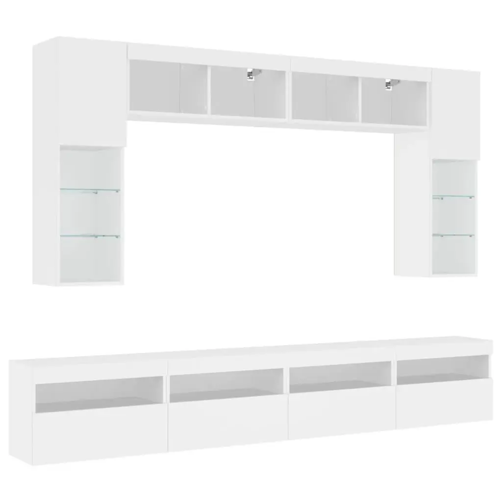 8 Piece White Floating Storage Unit Wall Mounted Cabinet Set Engineered Wood with RGB LED Lights for TV and Living Room Use