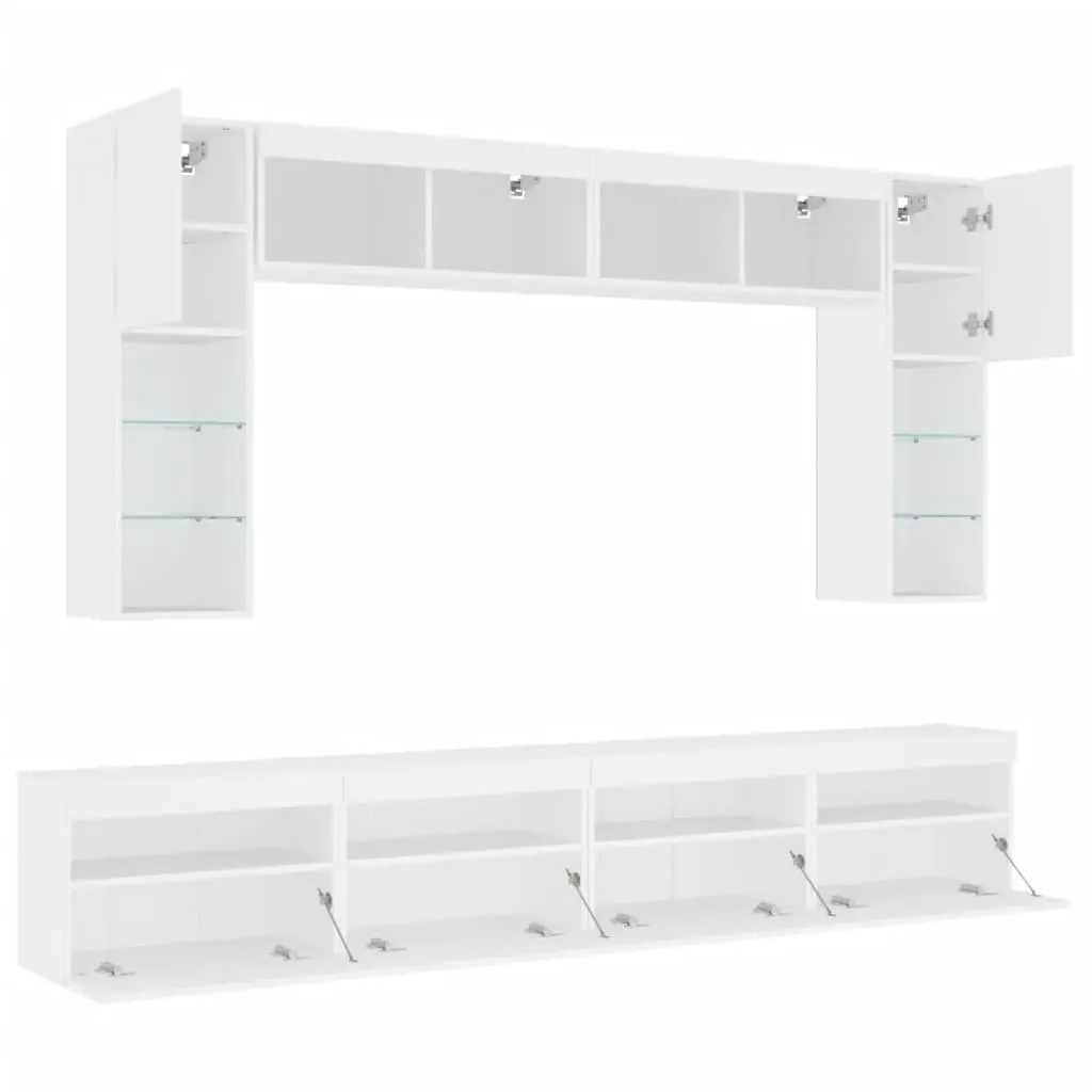 8 Piece White Floating Storage Unit Wall Mounted Cabinet Set Engineered Wood with RGB LED Lights for TV and Living Room Use