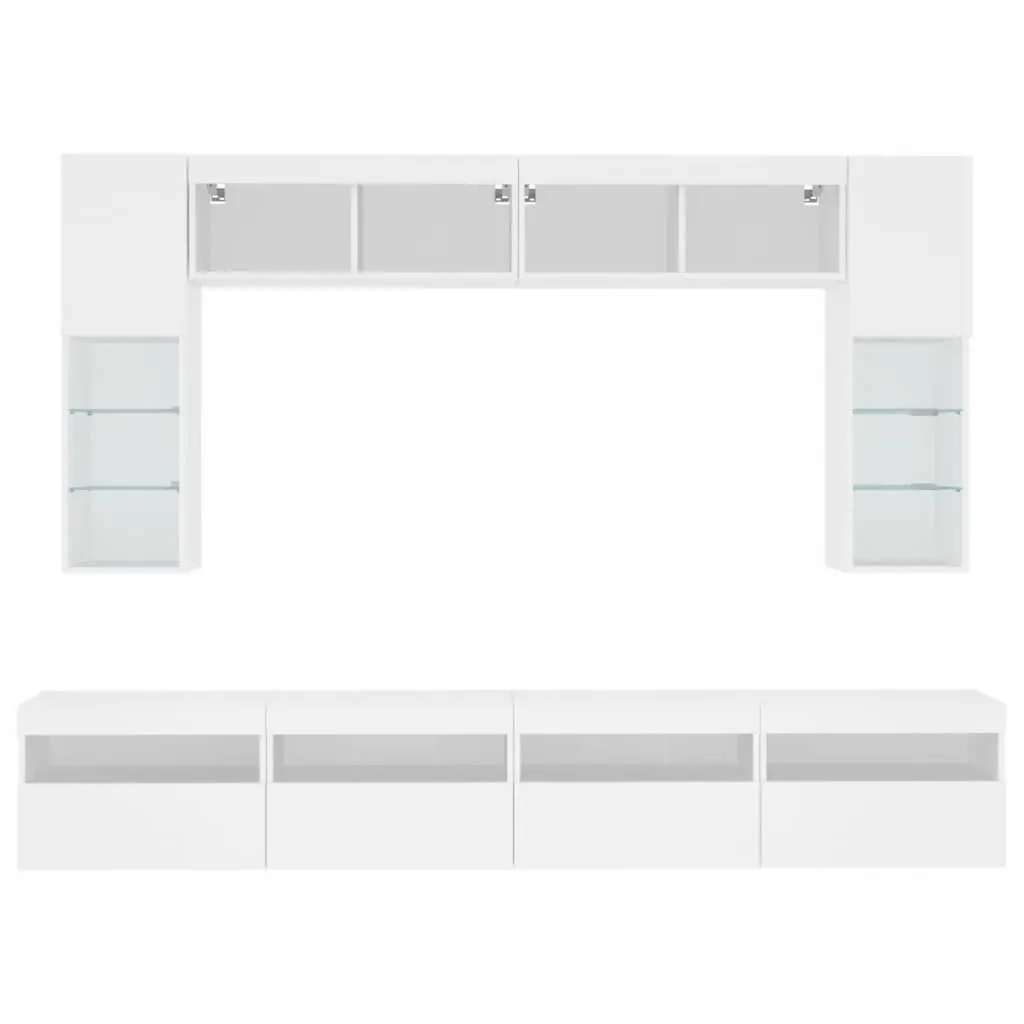 8 Piece White Floating Storage Unit Wall Mounted Cabinet Set Engineered Wood with RGB LED Lights for TV and Living Room Use