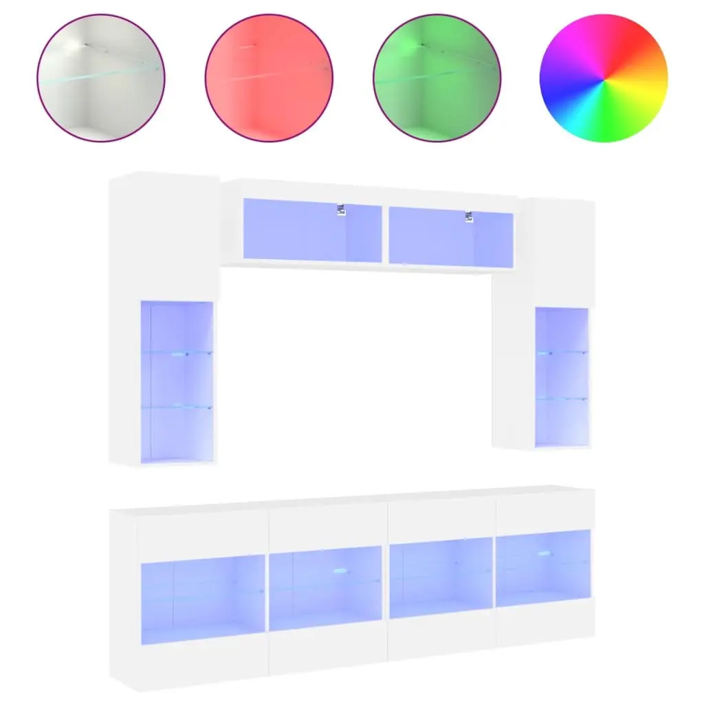 6 Piece White Engineered Wood Wall-Mounted TV Cabinet Set with RGB LED Lighting and Floating Storage Shelves