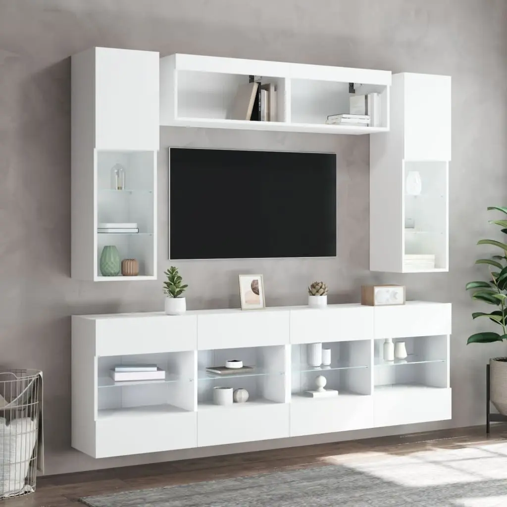 6 Piece White Engineered Wood Wall-Mounted TV Cabinet Set with RGB LED Lighting and Floating Storage Shelves