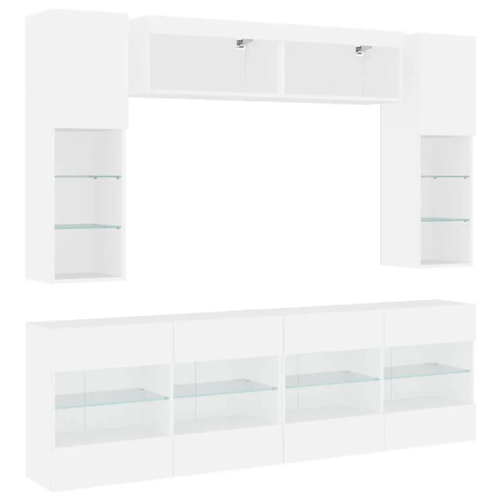 6 Piece White Engineered Wood Wall-Mounted TV Cabinet Set with RGB LED Lighting and Floating Storage Shelves