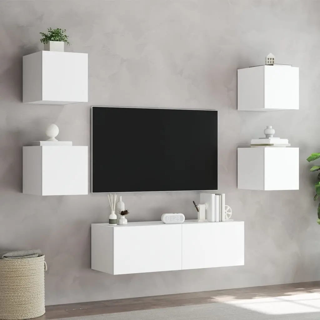 5 Piece Wall Mounted TV Cabinets Engineered Wood White with RGB LED Lights Storage for Living Room