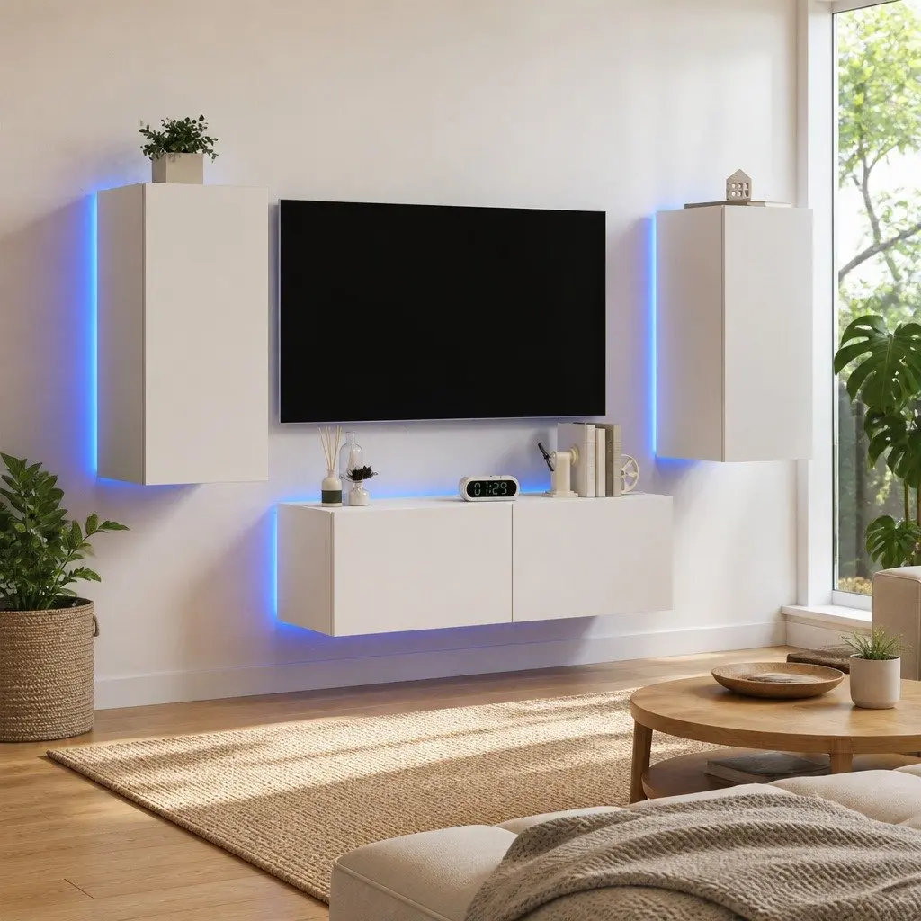 Floating Storage Units Engineered Wood RGB LED Lights White 3 Piece TV Cabinets