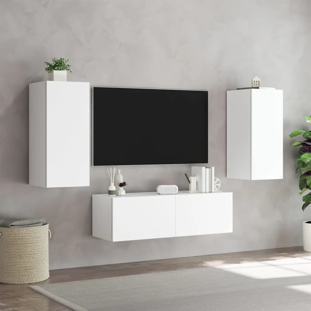 Floating Storage Units Engineered Wood RGB LED Lights White 3 Piece TV Cabinets