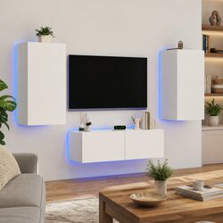 Wall-Mounted White TV Cabinets with RGB LED Lights