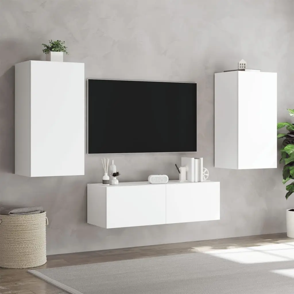 3 Piece Wall Mounted TV Cabinets Engineered Wood White with RGB LED Lights