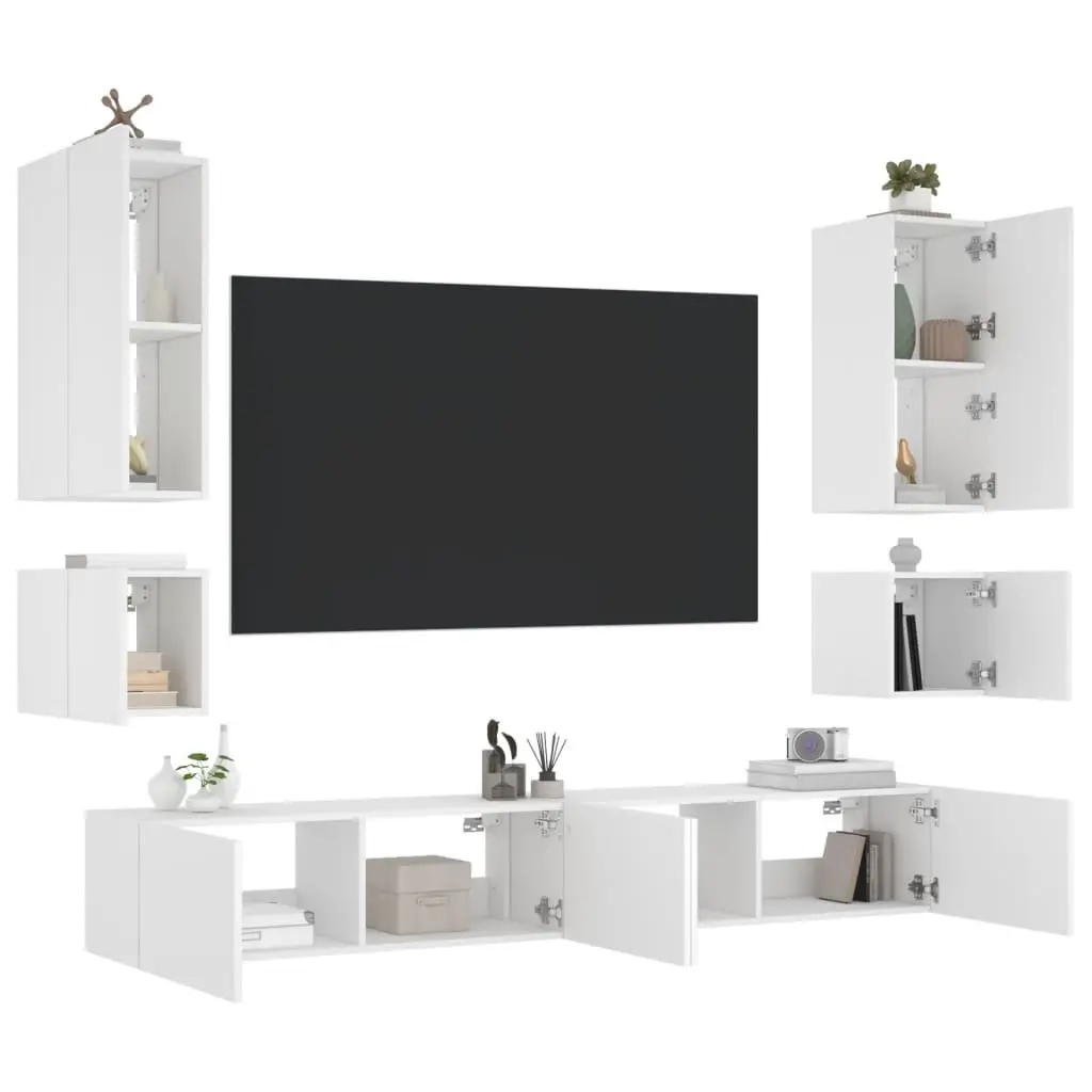 6 Piece White Engineered Wood TV Wall Cabinets with RGB LED Lights Floating Storage Units