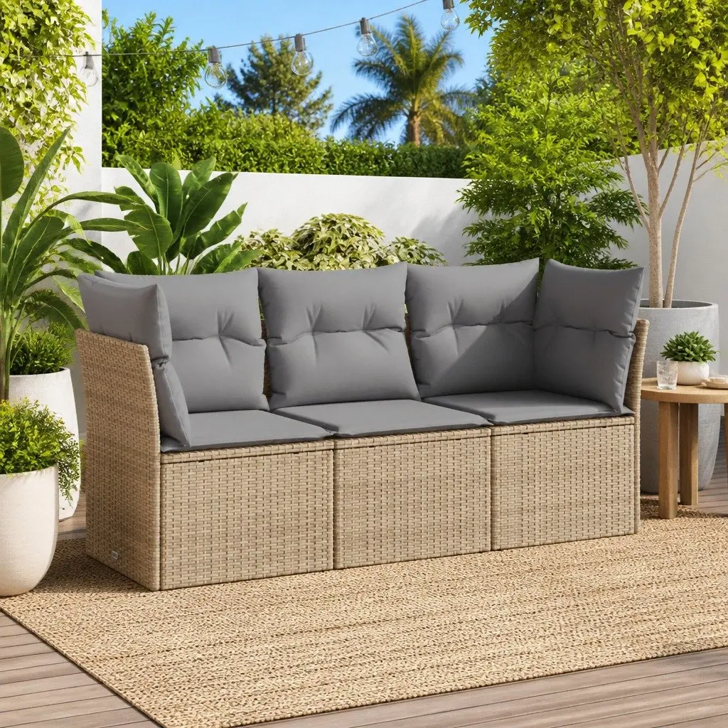 Outdoor Garden Sofa Set 3 Piece Modular Lounge Furniture Beige Poly Rattan