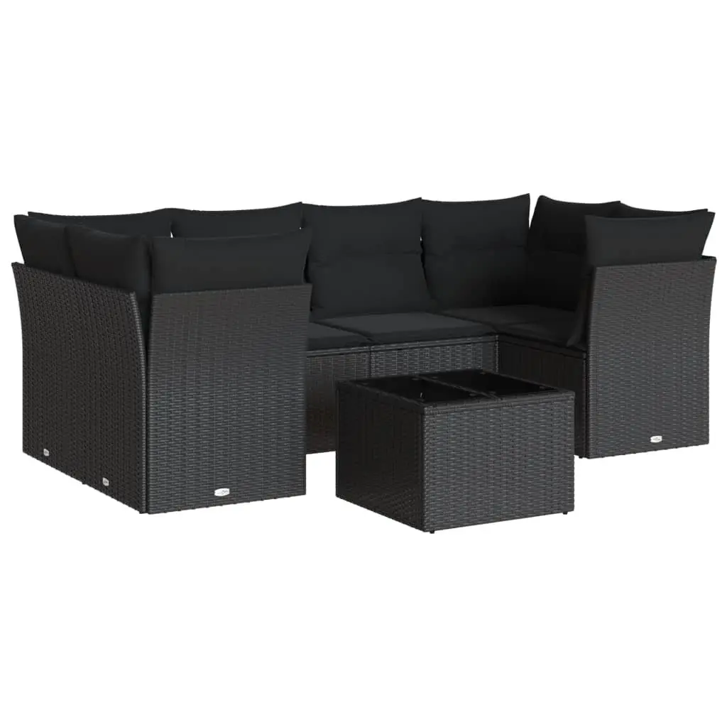 7 Piece Garden Sofa Set PE Rattan Outdoor Patio Furniture Black with Cushions Tempered Glass