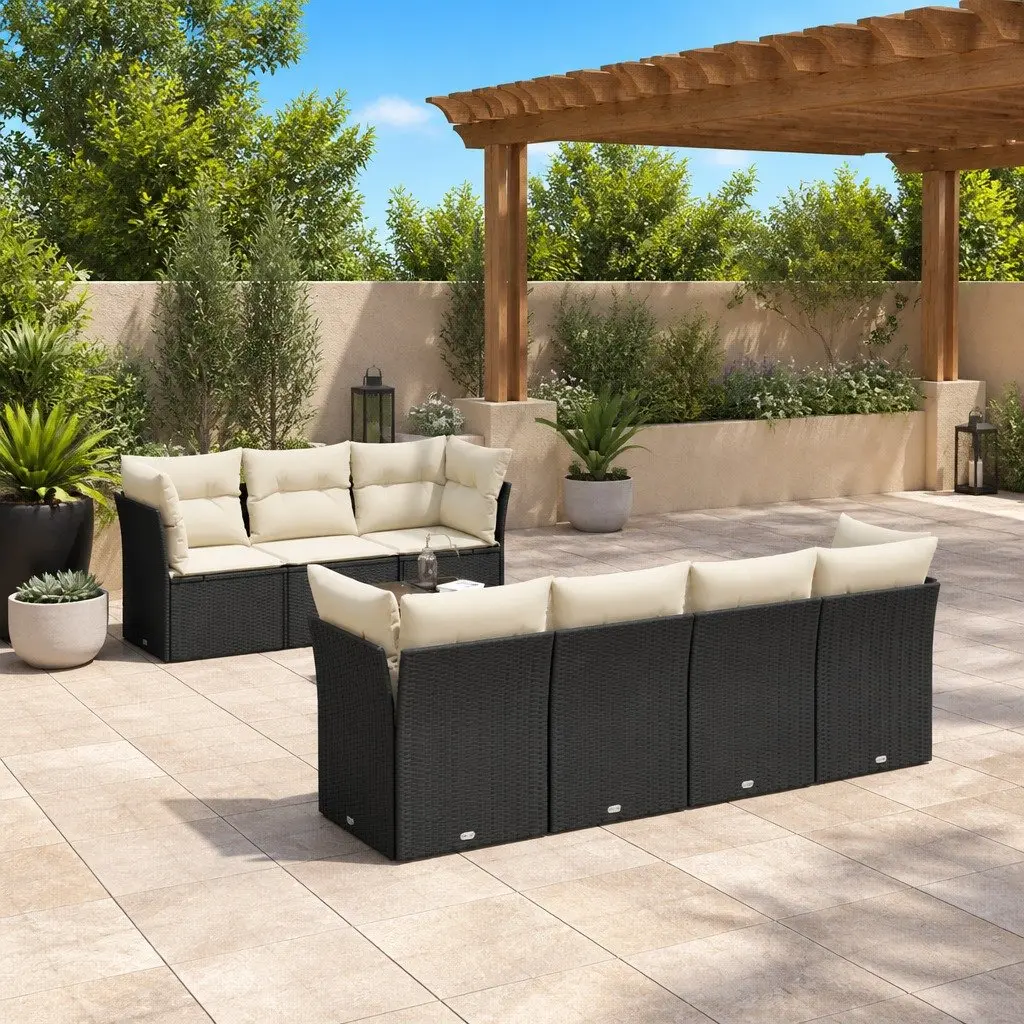 8 Piece Modular Black Garden Sofa Set Outdoor Furniture with Cushions PE Rattan and Tempered Glass Table