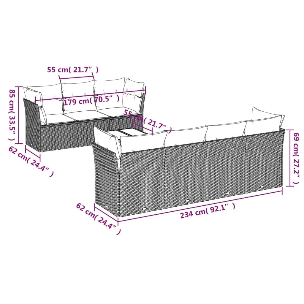 8 Piece Modular Black Garden Sofa Set Outdoor Furniture with Cushions PE Rattan and Tempered Glass Table