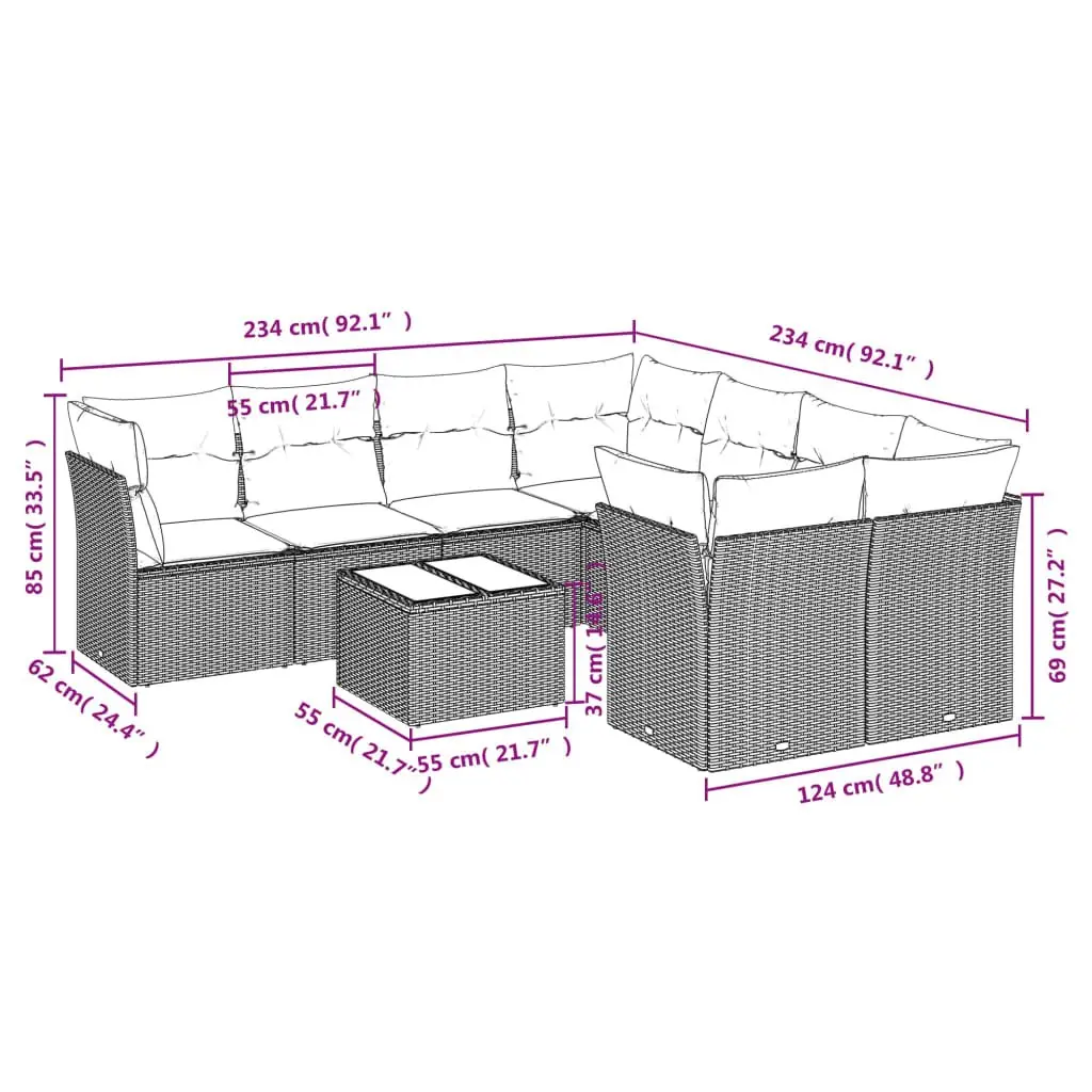 9 Piece Outdoor Garden Sofa Set with Cushions Grey Poly Rattan Patio Furniture